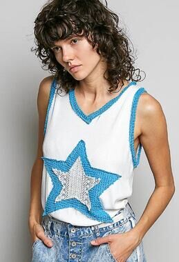 POL Star Crochet Patch V-Neck Tank Top